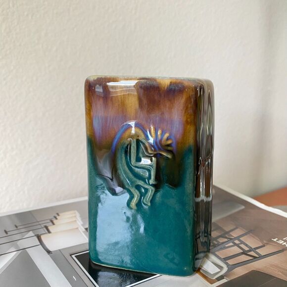 Signed Vintage‎ Mexican Pottery Padilla Kokopelli Flat Mug Drip Glaze Green Blue - Picture 7 of 16
